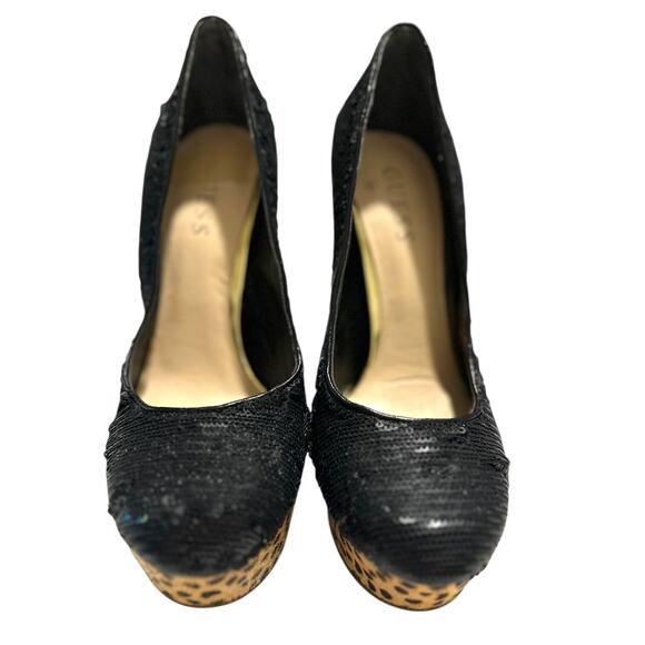 Guess UREEKALY Black Sequins Gold Heel Leopard Platform Heels Size 6.5 M - Picture 3 of 11